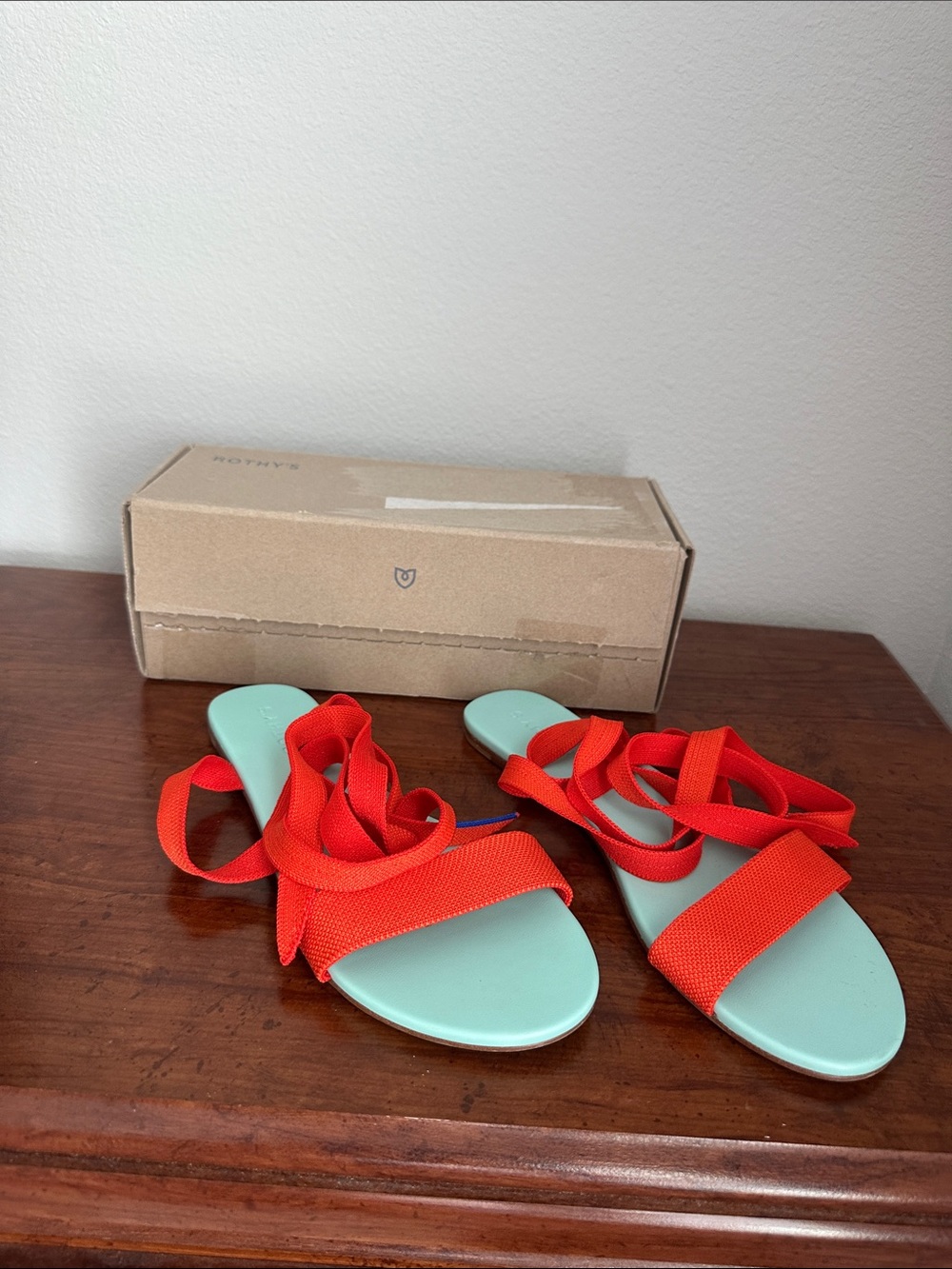Rothy's Seafoam Flat Sandals with Red Wrap Straps - Picture 3 of 3